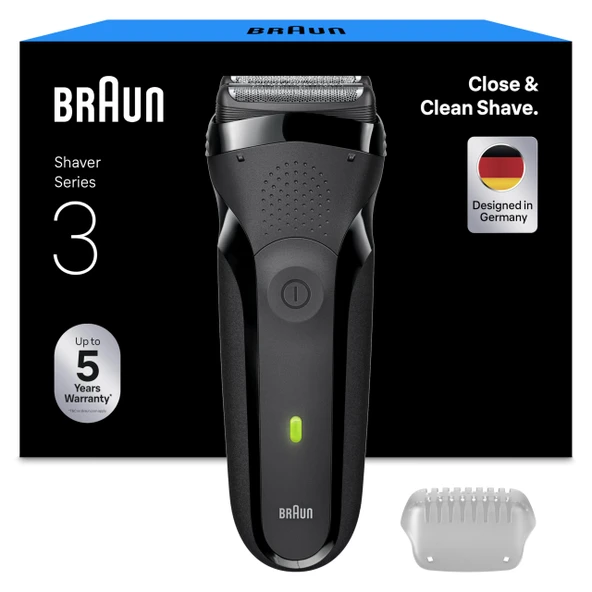 Braun Series 3 Erkek Elektrikli Tıraş Makinesi - 3 Esnek Bıçaklı Tıraş Makinesi, 30 Dakika Pil Ömrü, Erkekler için Kuru Tıraş Makinesi - 300'ler, Gri ürün görseli 1