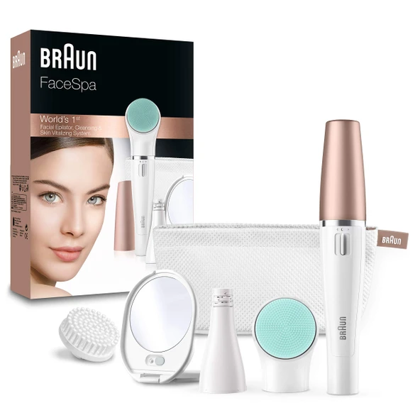 Kadınlar için Braun FaceSpa yüz epilatörü, yüz temizleme fırçası, masaj pedi, ayna ve çanta, epilasyon ve temizleme, su geçirmez - 851v, beyaz/bronz ürün görseli 1
