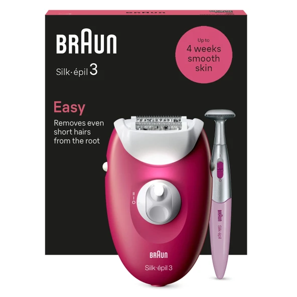 Braun Silk-épil 3 epilasyon için kadın epilatörü, tıraş makinesi aparatları, kablolu düzeltici ve vücut masajı - bikini düzeltici dahil - 3-202, ahududu ürün görseli 1