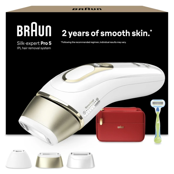Braun IPL epilasyon cihazları Silk Expert Pro 5 - Evde kalıcı ve ağrısız epilasyon - Dahil. çanta, Gillette Venus tıraş makinesi, 3 aparatlı, Almanya'da Tasarlandı - PL5262, beyaz/altın ürün görseli 1