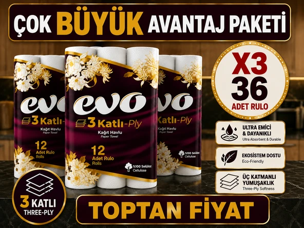 36 Rulo 3'Lü AVANTAJ PAKET Evo 3 Katlı Kağıt Havlu - %100 Selüloz Ultra Emici ve Dayanıklı ürün görseli 1