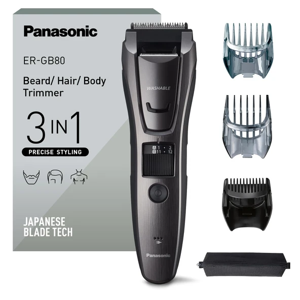 Panasonic ER-GB80-H503 Erkekler için Sakal, Saç ve Vücut Düzeltici, Taşınabilir Akülü Su Geçirmez Düzeltici, 39 Boy, 3 Aparat, Hassas Düzeltici, Kablosuz ve Kablolu, Koyu Gümüş ürün görseli 1