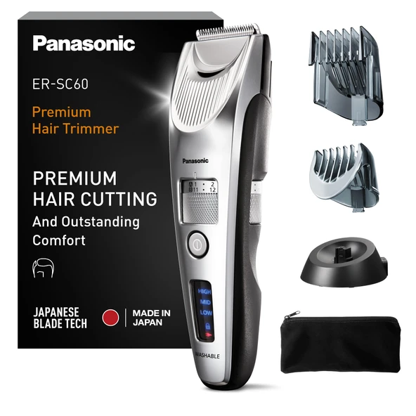 Panasonic ER-SC60-S803 Erkekler için Saç Kesme Makinesi, Taşınabilir Akülü Su Geçirmez Düzeltici, Gelişmiş Bıçaklar, 39 Uzunluk, 2 Ek Parça, Kablosuz ve Kablolu, Şarj Tabanı, Gümüş ürün görseli 1