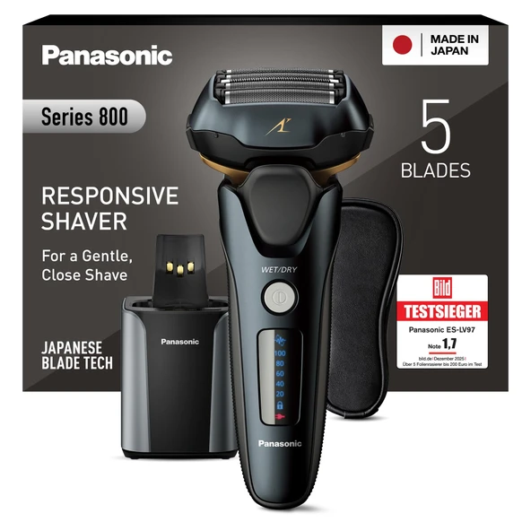Panasonic Series 800 ES-LV97 ıslak/kuru tıraş makinesi, doğrusal motorlu 5 katlı tıraş başlığı, temizleme ve şarj istasyonu dahil, siyah ürün görseli 1