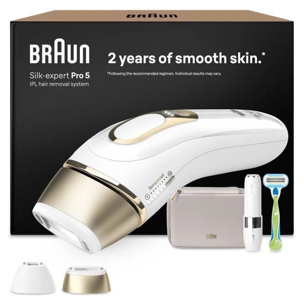 Braun IPL epilasyon cihazları Silk Expert Pro 5, PL5156, beyaz/altın - ev için alternatif lazer epilasyon, kalıcı epilasyon, kutu, mini tıraş makinesi, Venus tıraş makinesi ve 2 aparat dahil ürün görseli 1