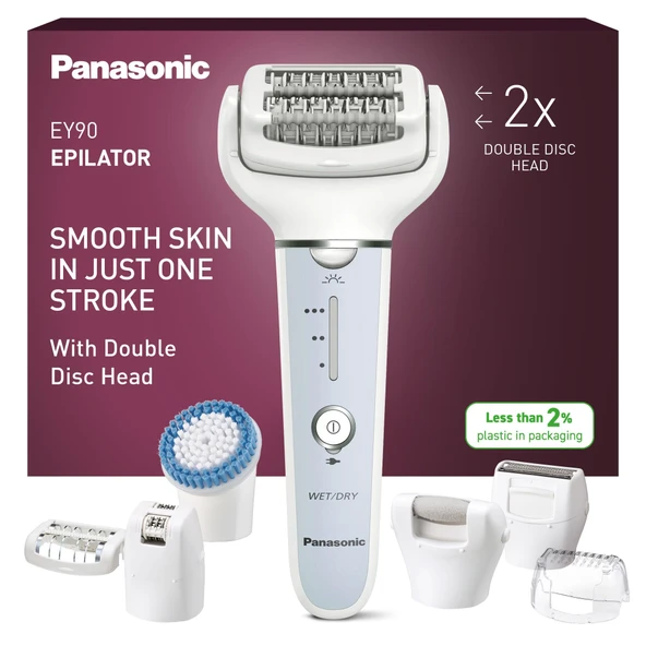 Panasonic ES-EY90 kadın ıslak/kuru epilatörü, 60 cımbızlı çift disk, 90° dönebilen başlık, 3 hız ve LED ışık, 30 dk. operasyon, kablosuz, epilasyon, tıraş ve ayak bakım başlığı ürün görseli 1