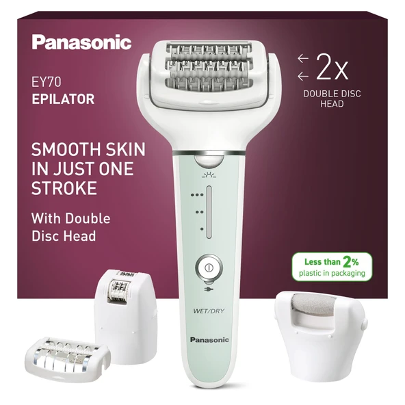 Kadınlar için Panasonic ES-EY70 ıslak/kuru epilatör, 60 cımbızlı çift disk, 90° dönebilen başlık, 3 hız ve LED ışık, 30 dk. operasyon, kablosuz, epilasyon, ayak bakım başlığı. ürün görseli 1