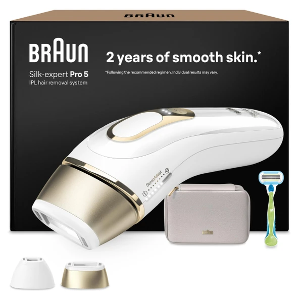Braun IPL epilasyon cihazları Silk Expert Pro 5 - Evde kalıcı ve ağrısız epilasyon - Dahil. Gillette Venus tıraş makinesiyle birlikte çanta, 2 aparat, Almanya'da tasarlandı - PL5152, beyaz/altın ürün görseli 1