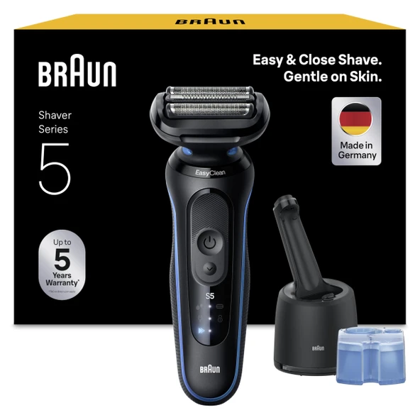 Braun Erkek Elektrikli Tıraş Makinesi Serisi 5, 52-B7000cc, Mavi - Kablosuz Elektrikli Tıraş Makinesi, 50 Dk. Pil, Su Geçirmez, Almanya'da Üretilmiştir, Dahil. 4'ü 1 Arada SmartCare Merkezi ürün görseli 1