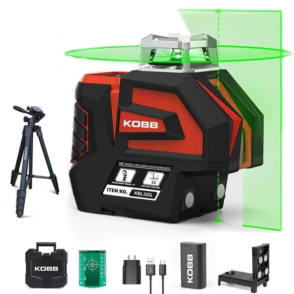 KOBB KBL32GTP Profesyonel Li-ion Yatay 360° ve Dikey Otomatik Hizalamalı Yeşil Nokta Şakül ve Çapraz Çizgi Lazer+Tripod ürün görseli 1