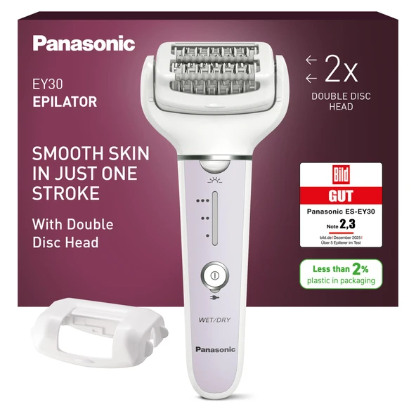 Kadınlar için Panasonic ES-EY30 ıslak/kuru epilatör, 60 cımbızlı çift disk, 90° dönebilen başlık, 3 hız ve LED ışık, 30 dk. operasyon, kablosuz, saç çıkarıcı. ürün görseli 1