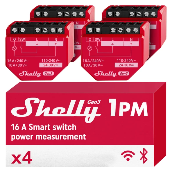 Shelly 1PM Gen3 - WLAN Akıllı Röle Anahtarı, Akım Ölçümü, Elektrik Ölçer, 1 Kanal, 16A, Işık Anahtarı, Isıtma, Akıllı Ev, Zamanlayıcı, Alexa ve Google Home, Hub Gerekmez (4'lü Paket) ürün görseli 1