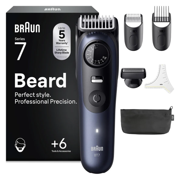 Braun Beard Trimmer Series 7, Erkek Elektrikli Sakal Kesme Makinesi, 6 Aksesuarlı, Ultra Keskin ProBlade Bıçak, 120 Dakika Pil Ömrü, Kablosuz Sakal Tıraş Makinesi, 40 Boy, Su Geçirmez, BT7520, Mavi ürün görseli 1