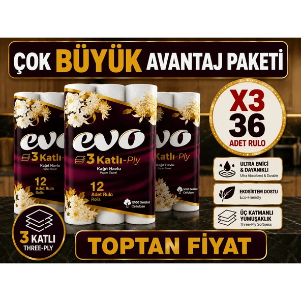 36 Rulo 3'Lü AVANTAJ PAKET Evo 3 Katlı Kağıt Havlu - %100 Selüloz Ultra Emici ve Dayanıklı ürün görseli 1
