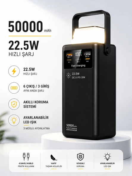 50000mAh 22.5W Hızlı Şarj Powerbank Kamp Lambalı LED Işıklı Dahili Kablolu USB TypeC Girişli ürün görseli 1