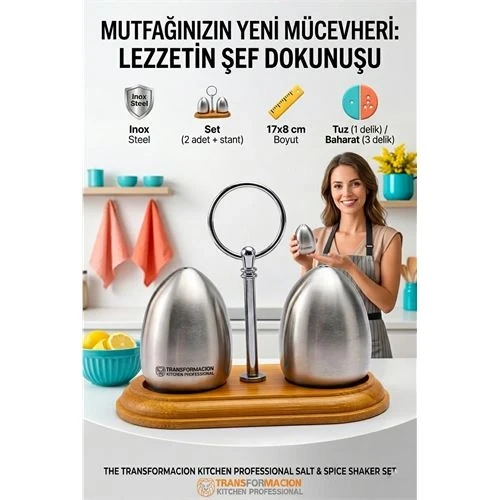 Ahşap Standlı Inox Paslanmaz Çelik Yumurta Formlu Tuzluk Biberlik Seti 723146 ürün görseli 1