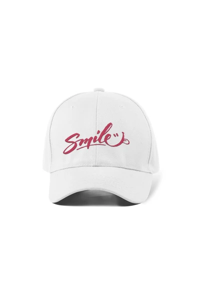 Quatex Smile Nakışlı Şapka – Beyaz %100 Pamuk Gabardin Unisex Model ürün görseli 1