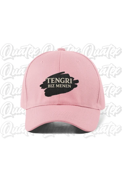 Quatex Tengri Biz Menen Nakışlı Türk Şapka - Pembe Renk %100 Pamuk Gabardin Unisex Model Şapka ürün görseli 1