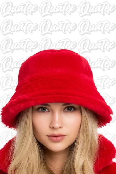 Quatex Peluş Kışlık Bucket Şapka - Kırmızı %100 Peluş Kumaş Unisex Model ürün görseli 1