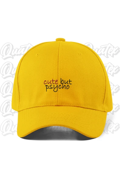 Quatex Cute But Psycho Nakışlı Şapka - Sarı Renk %100 Pamuk Gabardin Unisex Model Şapka ürün görseli 1