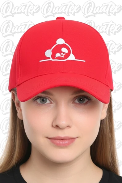 Quatex Panda Nakışlı Şapka – Kırmızı %100 Pamuk Gabardin Unisex Model ürün görseli 1
