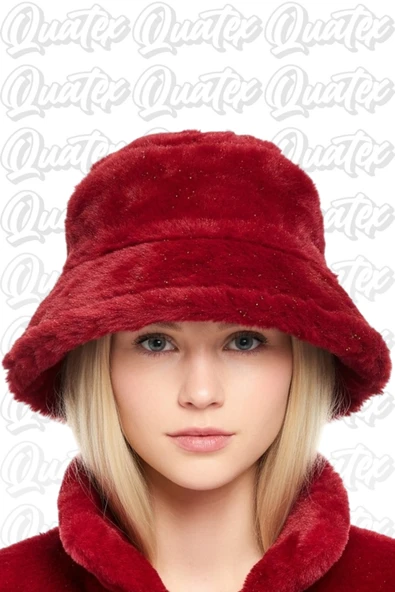 Quatex Peluş Kışlık Bucket Şapka - Bordo %100 Peluş Kumaş Unisex Model ürün görseli 1