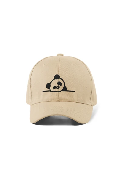 Quatex Panda Nakışlı Şapka – Krem %100 Pamuk Gabardin Unisex Model ürün görseli 1