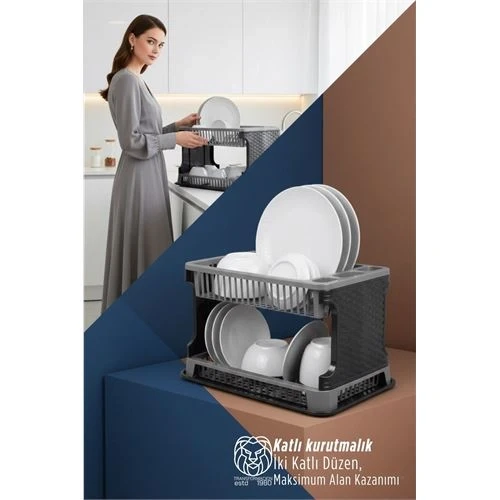 2 Katlı Rattan Dokulu Lüks Bulaşıklık - Kirli Beyaz & Siyah Modern Düzenleyici ürün görseli 1