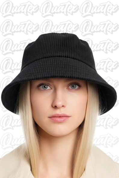Quatex Kadife Kumaş Bucket Şapka - Siyah %100 Kadife Kumaş Unisex Model ürün görseli 1