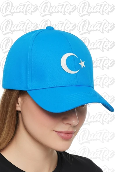 Quatex Ay Yıldız Nakışlı Şapka – Mavi %100 Pamuk Gabardin Unisex Model ürün görseli 1