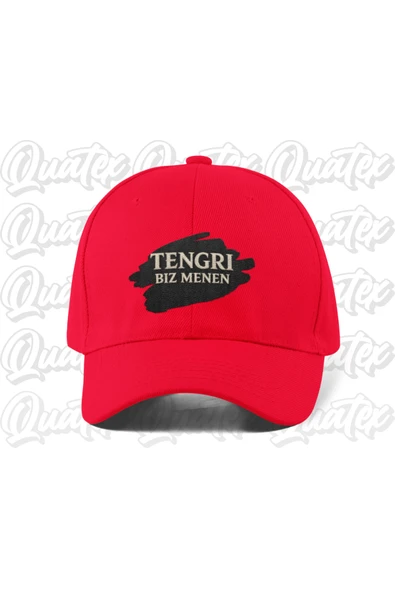 Quatex Tengri Biz Menen Nakışlı Türk Şapka - Kırmızı Renk %100 Pamuk Gabardin Unisex Model Şapka ürün görseli 1