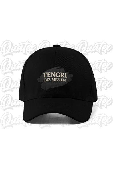 Quatex Tengri Biz Menen Nakışlı Türk Şapka - Siyah Renk %100 Pamuk Gabardin Unisex Model Şapka ürün görseli 1