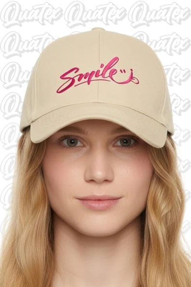 Quatex Smile Nakışlı Şapka – Krem %100 Pamuk Gabardin Unisex Model ürün görseli 1