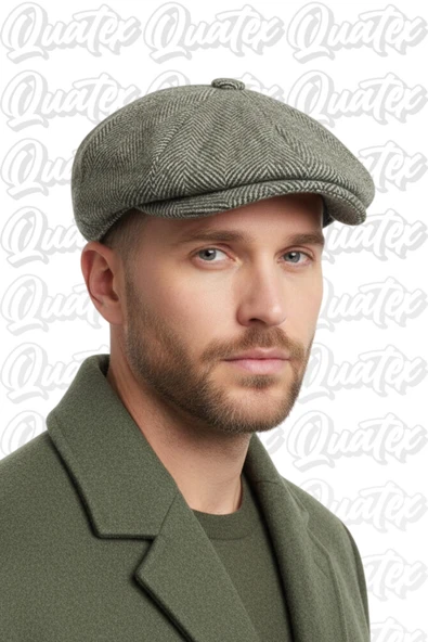 Quatex Kaşe Kasket İngiliz Model Peaky Blinders Haki Balık Sırtı Desen %100 Kaşe Arkası Lastikli ürün görseli 1