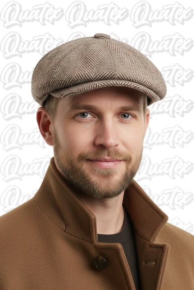 Quatex Kaşe Kasket İngiliz Model Peaky Blinders Kahverengi Balık Sırtı Desenli %100 Kaşe Arkası Lastikli ürün görseli 1
