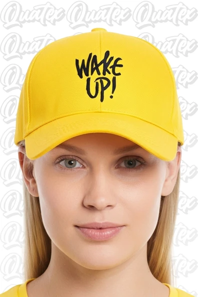 Quatex Wake Up Nakışlı Şapka – Sarı %100 Pamuk Gabardin Unisex Model ürün görseli 1