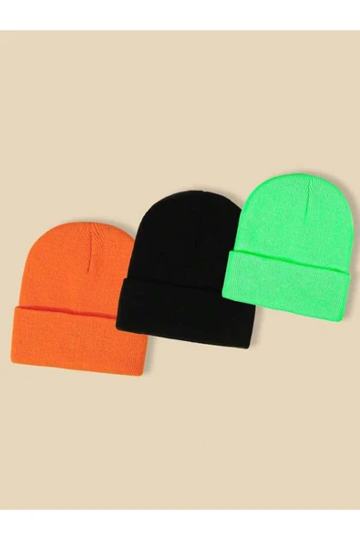 Quatex Turuncu Siyah Yeşil Üçlü Set Unisex Katlamalı Triko Düz Bere ürün görseli 1