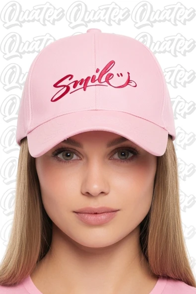 Quatex Smile Nakışlı Şapka – Pembe %100 Pamuk Gabardin Unisex Model ürün görseli 1