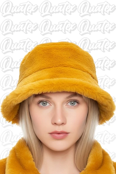 Quatex Peluş Kışlık Bucket Şapka - Sarı %100 Peluş Kumaş Unisex Model ürün görseli 1