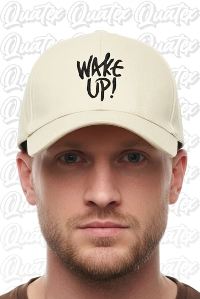 Quatex Wake Up Nakışlı Şapka – Krem %100 Pamuk Gabardin Unisex Model ürün görseli 1