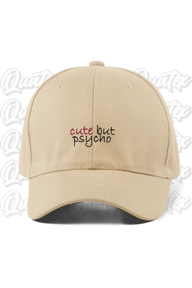 Quatex Cute But Psycho Nakışlı Şapka - Krem Bej Renk %100 Pamuk Gabardin Unisex Model Şapka ürün görseli 1