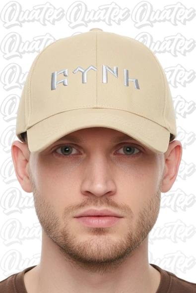 Quatex Göktürkçe Türk Nakışlı Şapka – Krem %100 Pamuk Gabardin Unisex Model ürün görseli 1