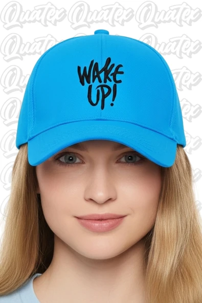 Quatex Wake Up Nakışlı Şapka – Mavi %100 Pamuk Gabardin Unisex Model ürün görseli 1