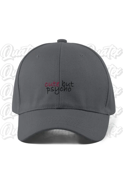 Quatex Cute But Psycho Nakışlı Şapka - Gri Renk %100 Pamuk Gabardin Unisex Model Şapka ürün görseli 1