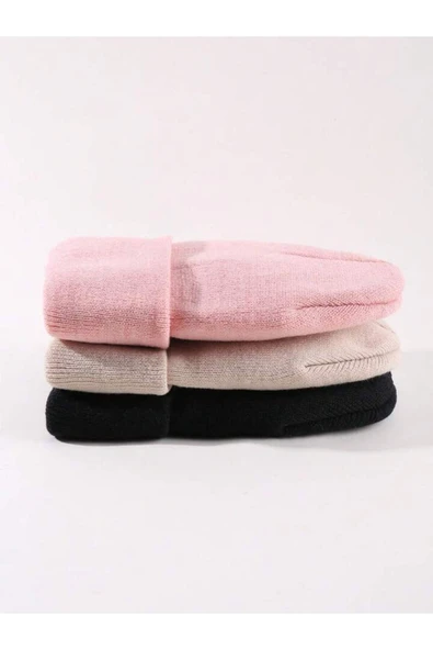 Quatex Siyah Krem Pembe Üçlü Set Unisex Katlamalı Triko Düz Bere ürün görseli 1