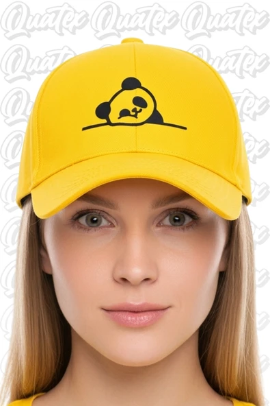 Quatex Panda Nakışlı Şapka – Sarı %100 Pamuk Gabardin Unisex Model ürün görseli 1
