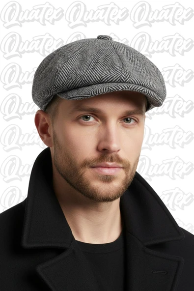 Quatex Kaşe Kasket İngiliz Model Peaky Blinders Siyah Balık Sırtı Desen %100 Kaşe Arkası Lastikli ürün görseli 1