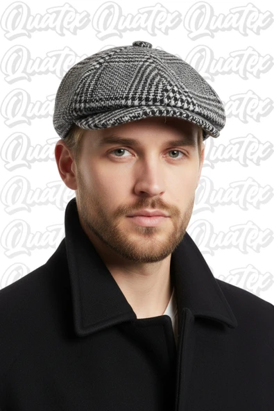 Quatex Kaşe Kasket İngiliz Model Peaky Blinders Siyah Kareli %100 Kaşe Arkası Lastikli ürün görseli 1