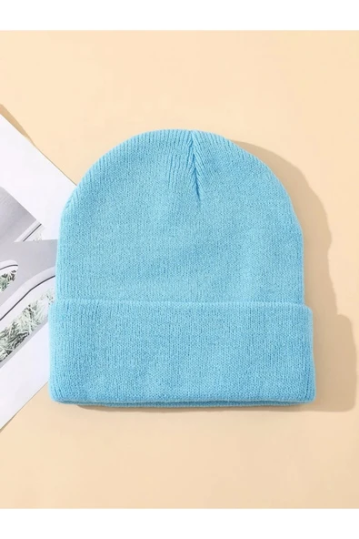 Quatex Mavi Unisex Katlamalı Triko Düz Bere ürün görseli 1