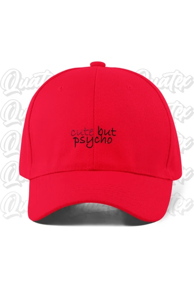 Quatex Cute But Psycho Nakışlı Şapka - Kırmızı Renk %100 Pamuk Gabardin Unisex Model Şapka ürün görseli 1